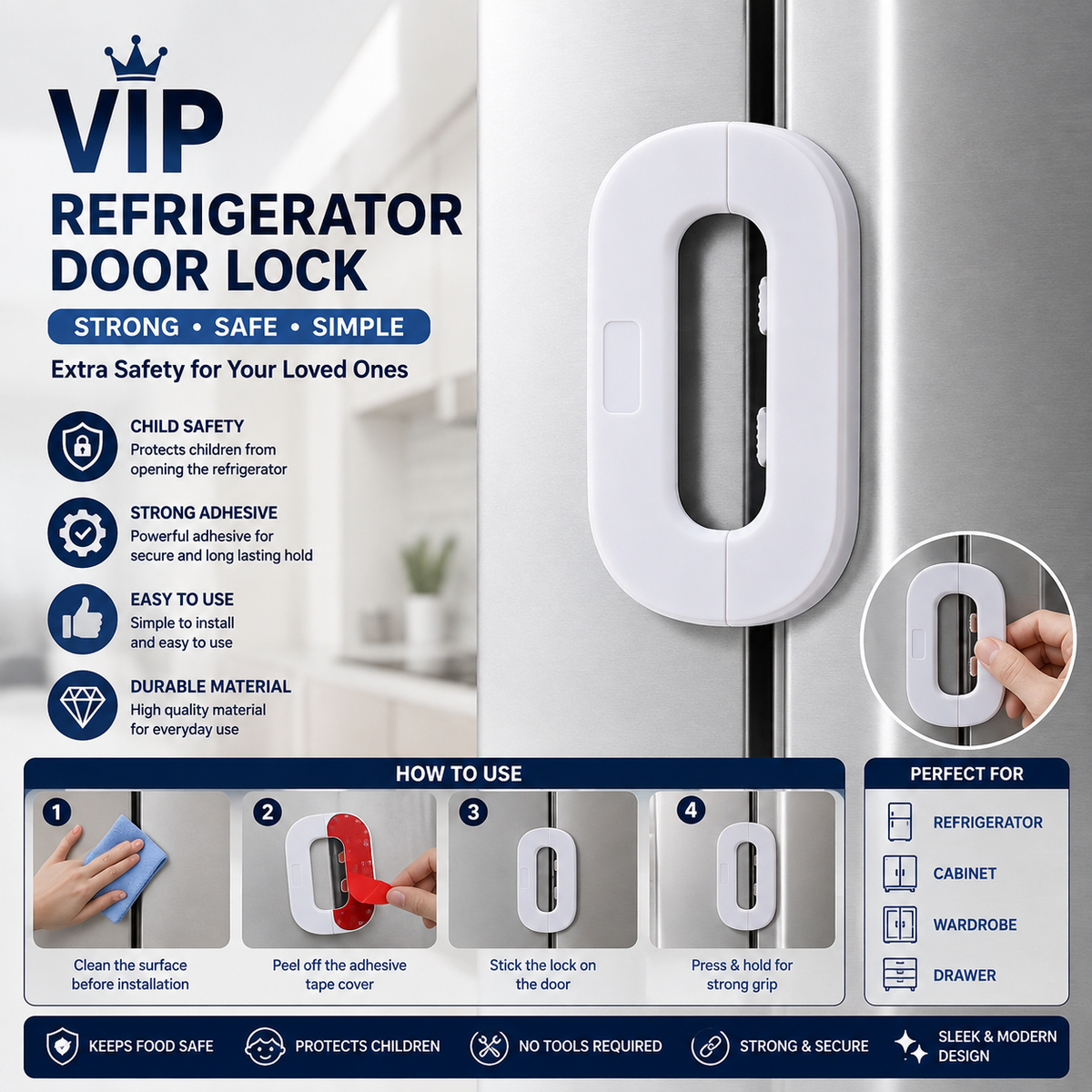 Fridge Lock – Child Safety Refrigerator Door Lock | Self-Adhesive Baby Proof Lock for Fridge, Freezer, Cabinets & Drawers**