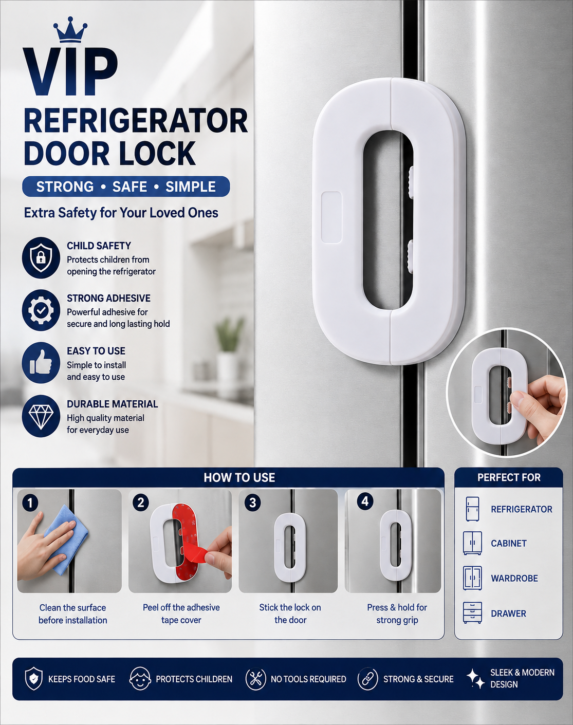 Fridge Lock – Child Safety Refrigerator Door Lock | Self-Adhesive Baby Proof Lock for Fridge, Freezer, Cabinets & Drawers**